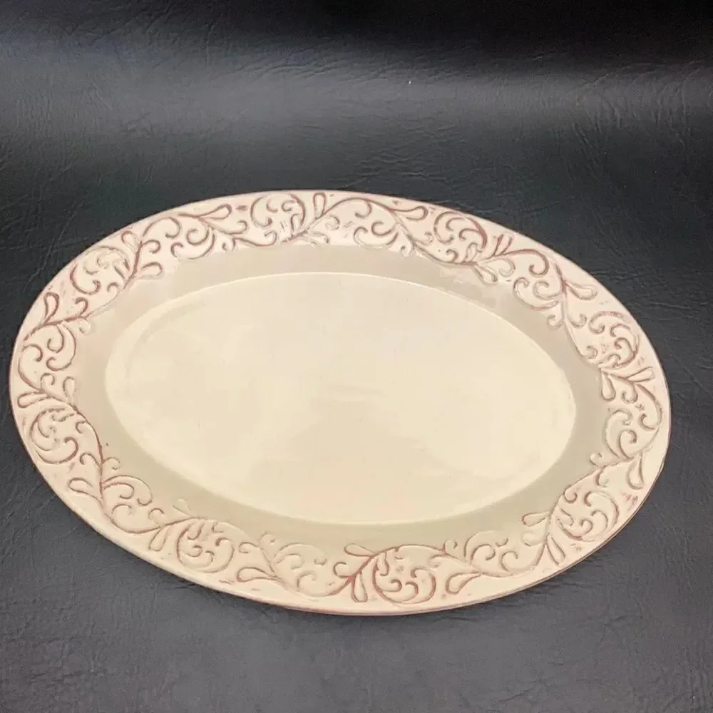 Large Oval 10X15 Inches Serving Platter Ivory Maroon Etching Christmas Valentine